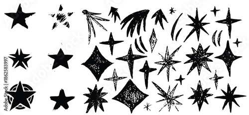 Crayon drawn sparkle stars set. Space shine shapes and bling's doodle pack. Comets, twinkle and blinking. Stars and flash fire brush illustration. Chalk crayon texture element.