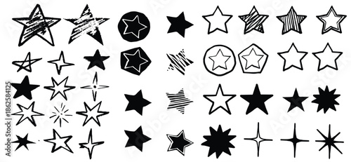 Crayon drawn sparkle stars set. Space shine shapes and bling's doodle pack. Comets, twinkle and blinking. Stars and flash fire brush illustration. Chalk crayon texture element.