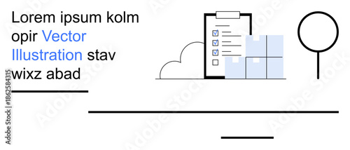 E-commerce, organization, supply chain, delivery services, inventory tracking, logistics. Minimal icon showing checklist, boxes and abstract symbols. E-commerce and organization concept