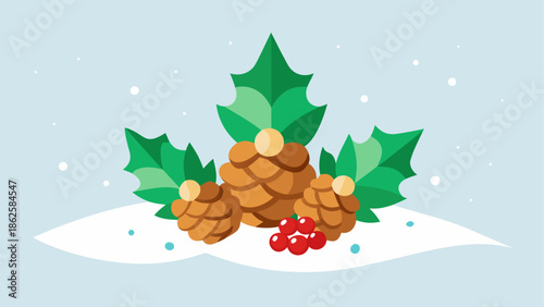 Vector winter holly illustration with pine cones and snow