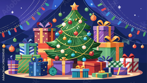 Vector Christmas tree with presents and decorations