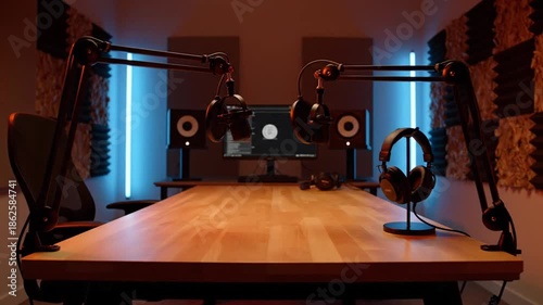 minimalist podcast recording studio interior featuring wooden desk professional microphones on adjustable arms headphones nearby aesthetic lighting with orange and blue tones acoustic treatment panels