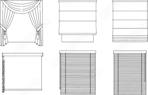 Elegant window treatments, showcasing a variety of styles, from classic curtains to modern shades, in a monochrome palette for design and architectural projects.