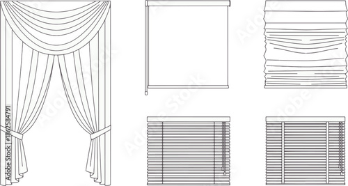 Diverse collection of window treatments presented as detailed illustrations, showcasing variations in design and functionality.