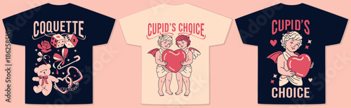 Retro Valentine's Day T-shirt designs with devil angels, hearts, and bold slogans like 'Cupid's choice' and 'Coquette'. Flirty bachelorette and dark romance aesthetic prints.