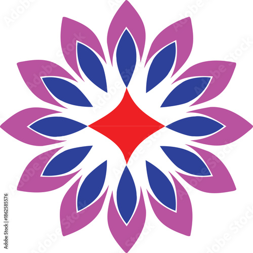 Illustration of abstract mandala flower design in pink blue and red colors