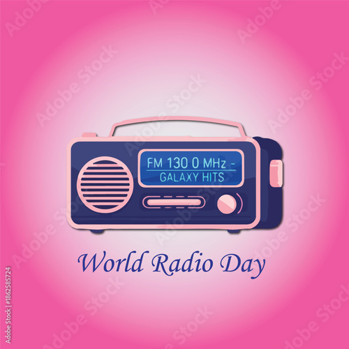 Retro radio vector with digital display and pink gradient background for World Radio Day celebration