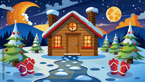 Winter cabin scene with christmas trees