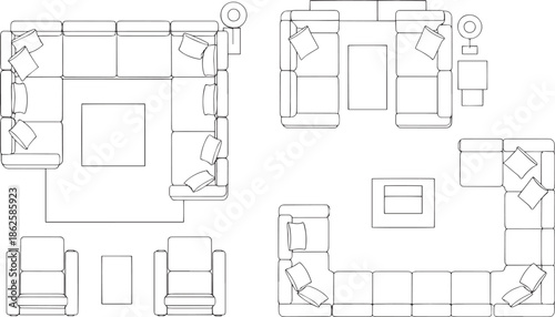 Elegant furniture arrangement top views, ideal for interior design planning. Showcasing sofas, armchairs, and coffee tables with a focus on spatial layout.