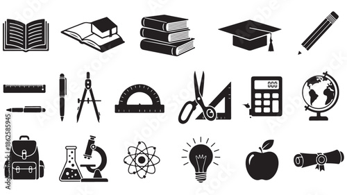 Education Icons Set with Books, Graduation Cap, Microscope and Globe