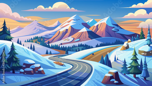 Mountain road winding through snowy scene