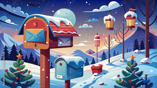 Mailboxes and christmas trees in winterland