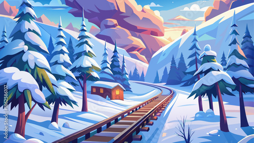 Winter landscape with train tracks view
