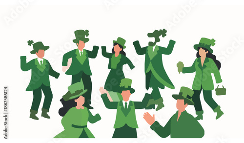 St Patrick’s Day celebration people vector illustration with green outfits and shamrocks