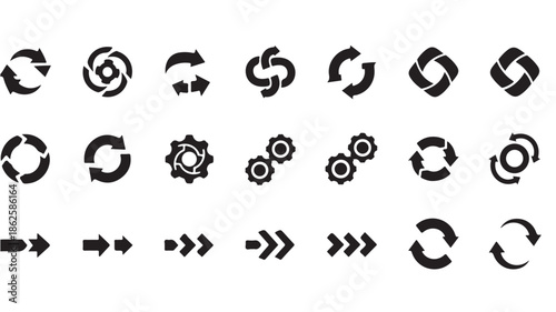 Black Arrows and Gears Icons on White Background
