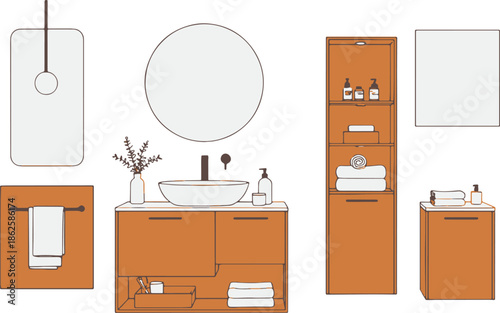 A contemporary bathroom, showcasing a sleek design with modern fixtures, minimalist accents.