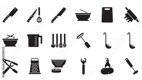 Black Kitchen Utensils and Tools Icons on White Background
