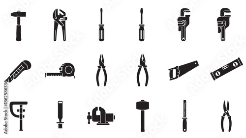 Black Tools Icons Set on White Background