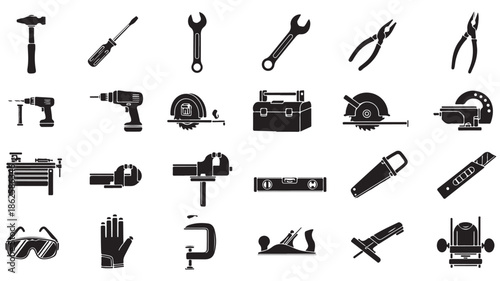 Black Tools Icons Set on White Background