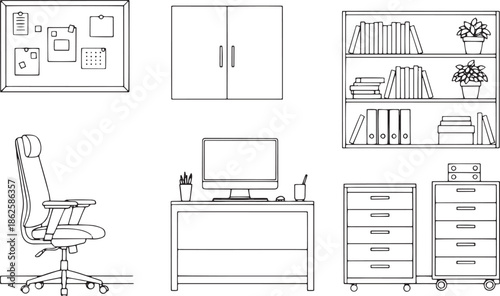 An Office Interior Arrangement in simple line art, depicting the essential elements of a modern workspace in a clean and organized manner.