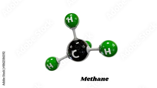 Stunning 3D model of a methane molecule showcasing its tetrahedral structure with central carbon and surrounding hydrogen atoms, perfect for scientific education and research.