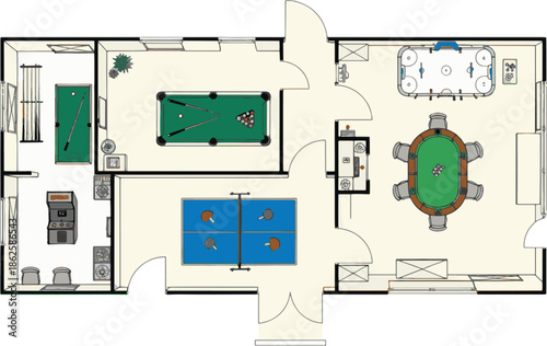 A detailed blueprint showcasing a well-equipped recreation room, featuring diverse entertainment zones. The illustration offers a comprehensive layout.