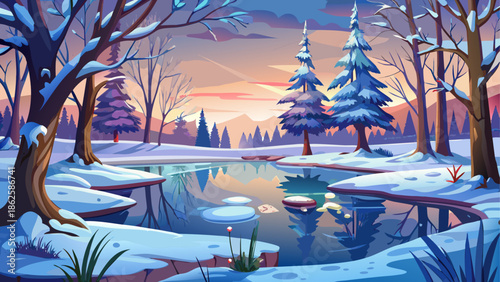 Winter landscape with frozen lake and trees