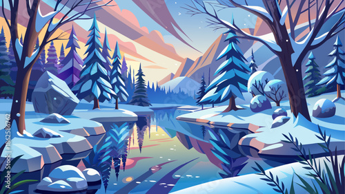 Winter landscape with snow and reflections