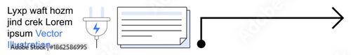 Energy flow, digital communication, technology process, data transfer, innovation, connectivity. Plug connected to document with arrow showing flow. Energy flow and digital communication concept
