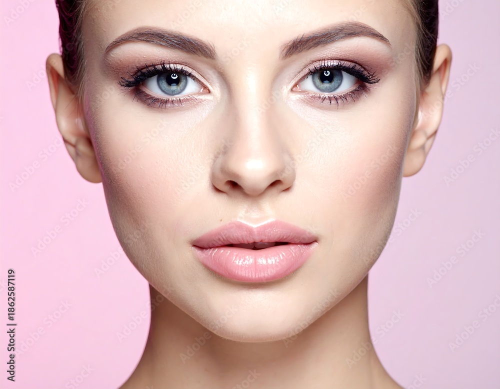 Fototapeta premium Close-up of a fair-skinned woman with blue eyes, soft makeup