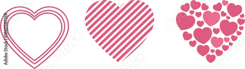 Glossy pink 3D heart icon, romantic black heart garland silhouettes, Valentines Day border elements, love concept design, wedding invitation decorative graphics