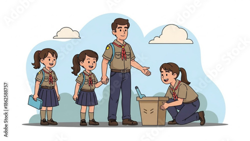 Scout Master Helping Girl Scouts Sorting Donations in Cardboard Box