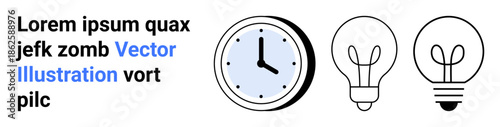 Time management, innovation, creativity, business strategies, productivity, conceptual ideas. Minimal clock and light bulbs in clean outlines. Time management and innovation concept
