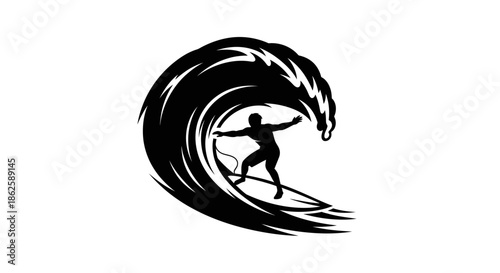 Surfer riding massive wave in dynamic black silhouette