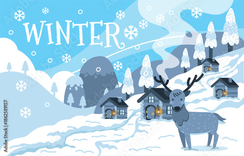 A serene winter landscape featuring a reindeer snow covered homes and falling snowflakes for invitation, banner, flyer, advertising