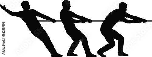 Silhouette of team playing tug of war showing teamwork strength cooperation and competition black isolated vector illustration