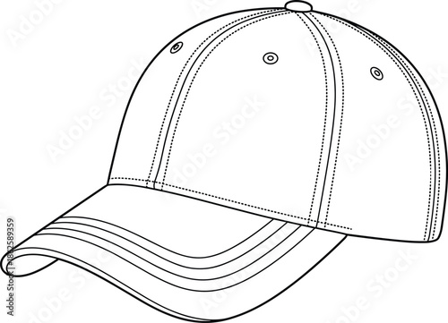 Hand drawn baseball cap outline illustration with stitching details black and white vector headwear fashion accessory isolated design