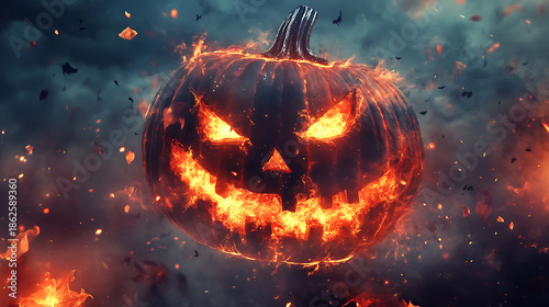 A fiery jack o lantern glowing in the dark halloween night