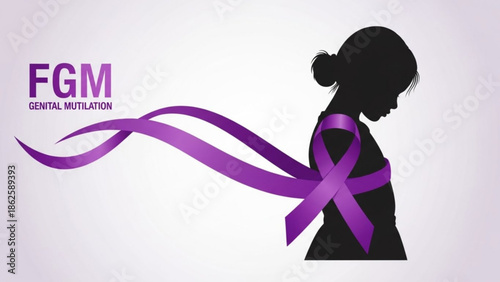 Purple Ribbon Silhouette Symbolizing FGM Awareness on White Background