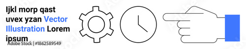 Gear, clock, and pointing hand alongside placeholder text. Ideal for time management, productivity, process flow, teamwork, direction, organization simple landing page