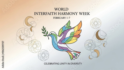 Multicolored Dove with Olive Branch Celebrating World Interfaith Harmony Week, Unity in Diversity, Rainbow Colors and Symbolizing Peace