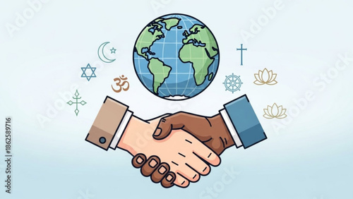 Diverse Hands Shaking with World Religions Symbols around the Globe