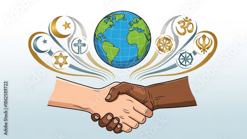 Diverse Hands Shaking with World Religions Symbols around Globe