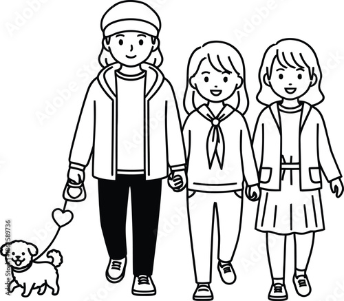 Happy Family Outing Vector: Mother and Daughters Walking a Puppy on a Leash Line Art Illustration