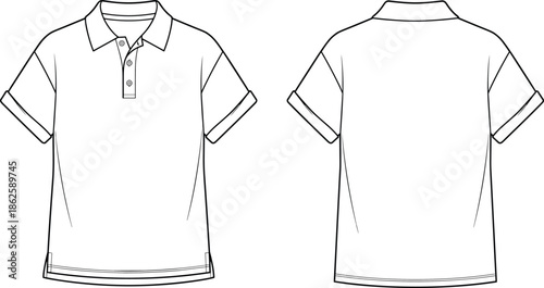 Men polo shirt technical fashion illustration, front and back view, short sleeve collared design, minimal flat apparel sketch, vector outline