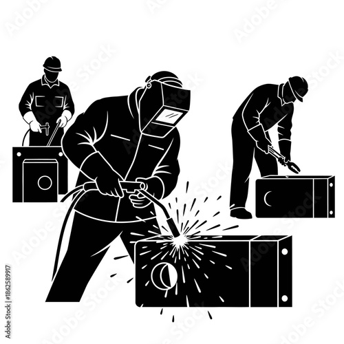 industrial workers engaged in welding and metal fabrication processes with equipment depicted as a striking silhouette
