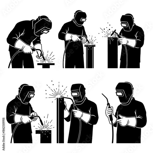 a sequence of welders in action demonstrating various stages of the welding process silhouette high quality