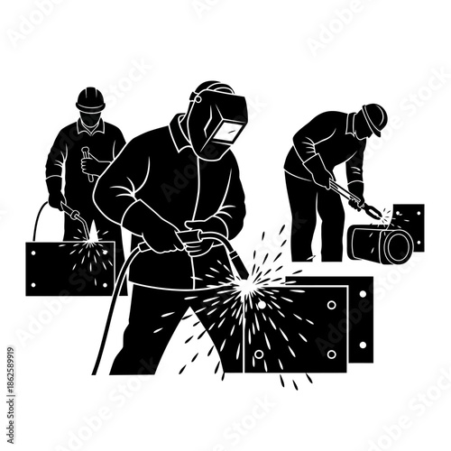 industrial workers in action welding and metalworking with sparks flying a dramatic black silhouette high quality