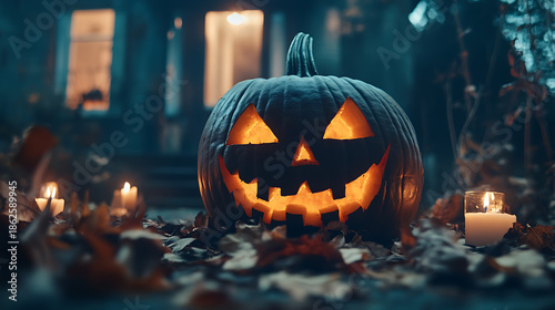 A glowing jack o lantern sits among leaves and candles outside