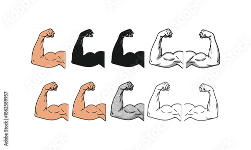 Collection of flexing muscular bicep arm illustrations vector
